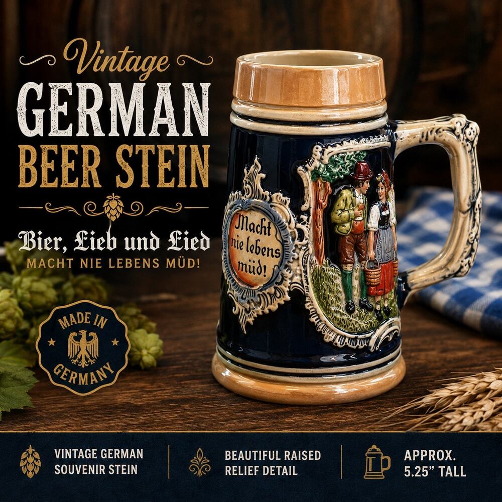 Vintage German Beer Stein “Bier, Lieb und Lied” Ceramic Beer Mug Germany 5.25”